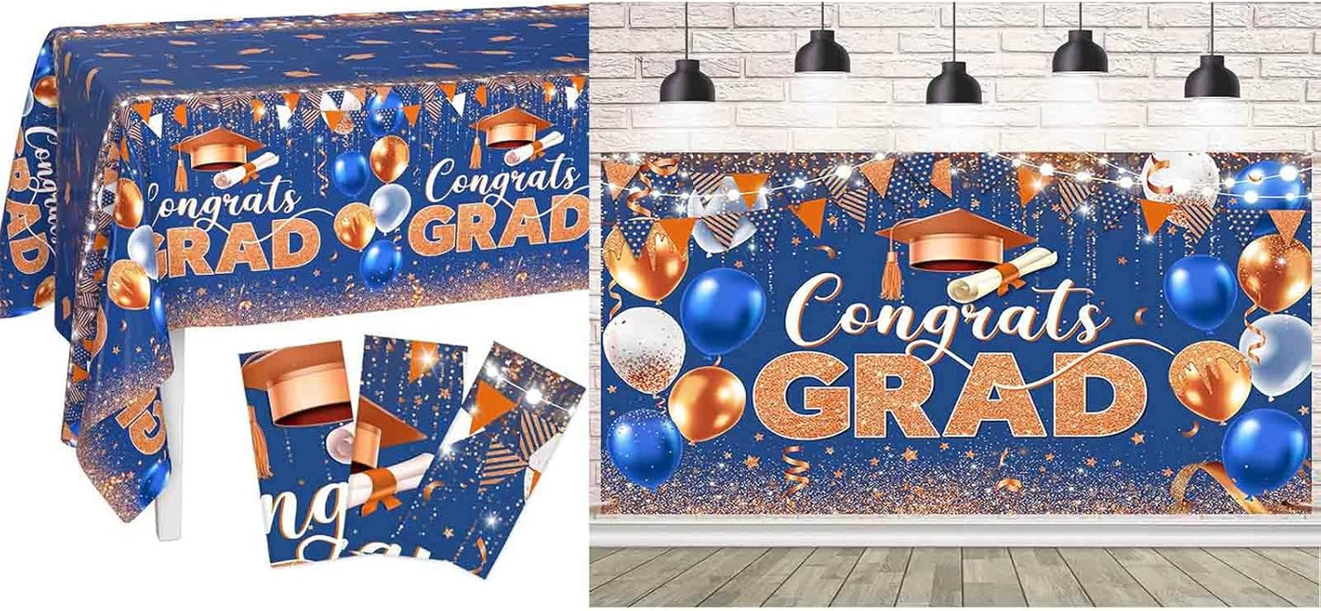 Fondo de graduación con globos brillantes azul naranja dorado
