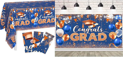 Fondo de graduación con globos brillantes azul naranja dorado