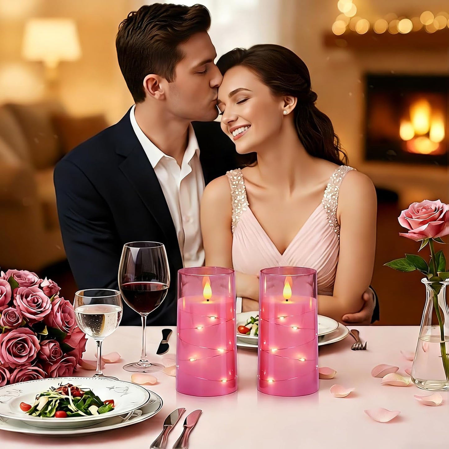 Velas rosas sin llama con luces hadas LED set 2 6pulg