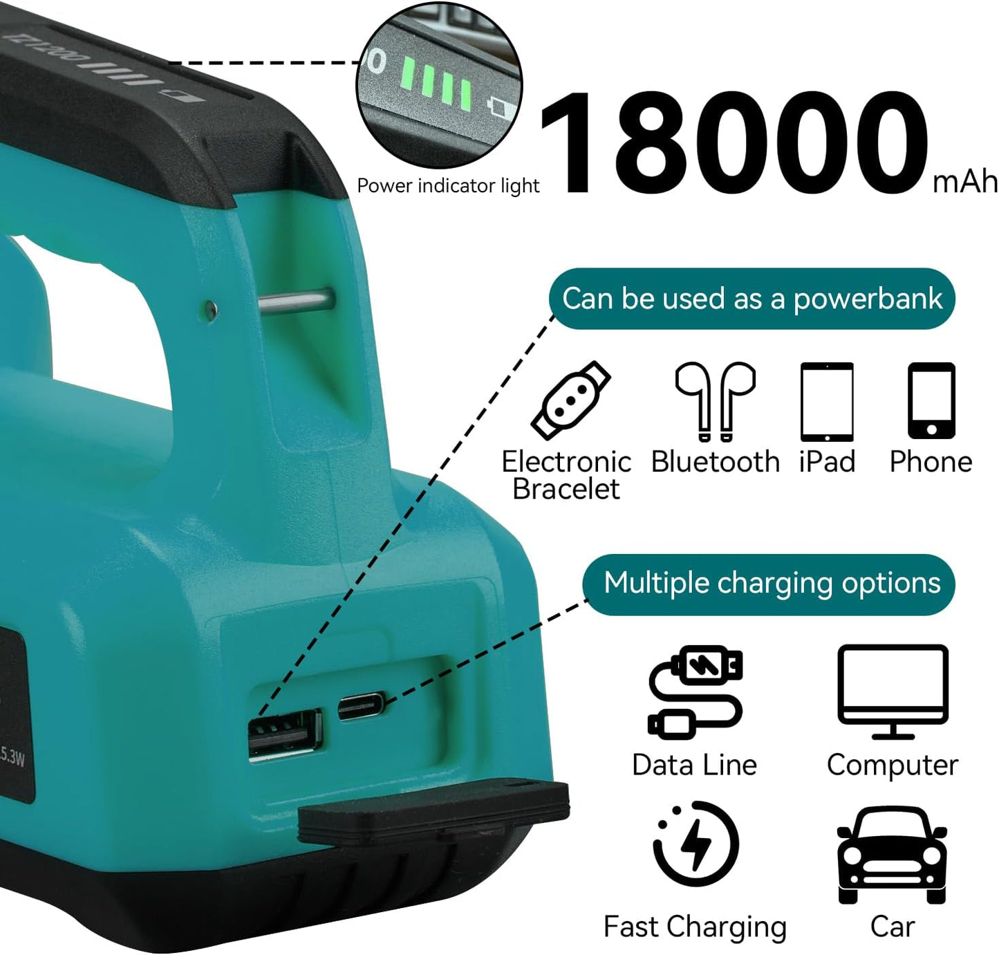 Linterna LED recargable 2000lm 8 modos IP67 banco 18000mAh