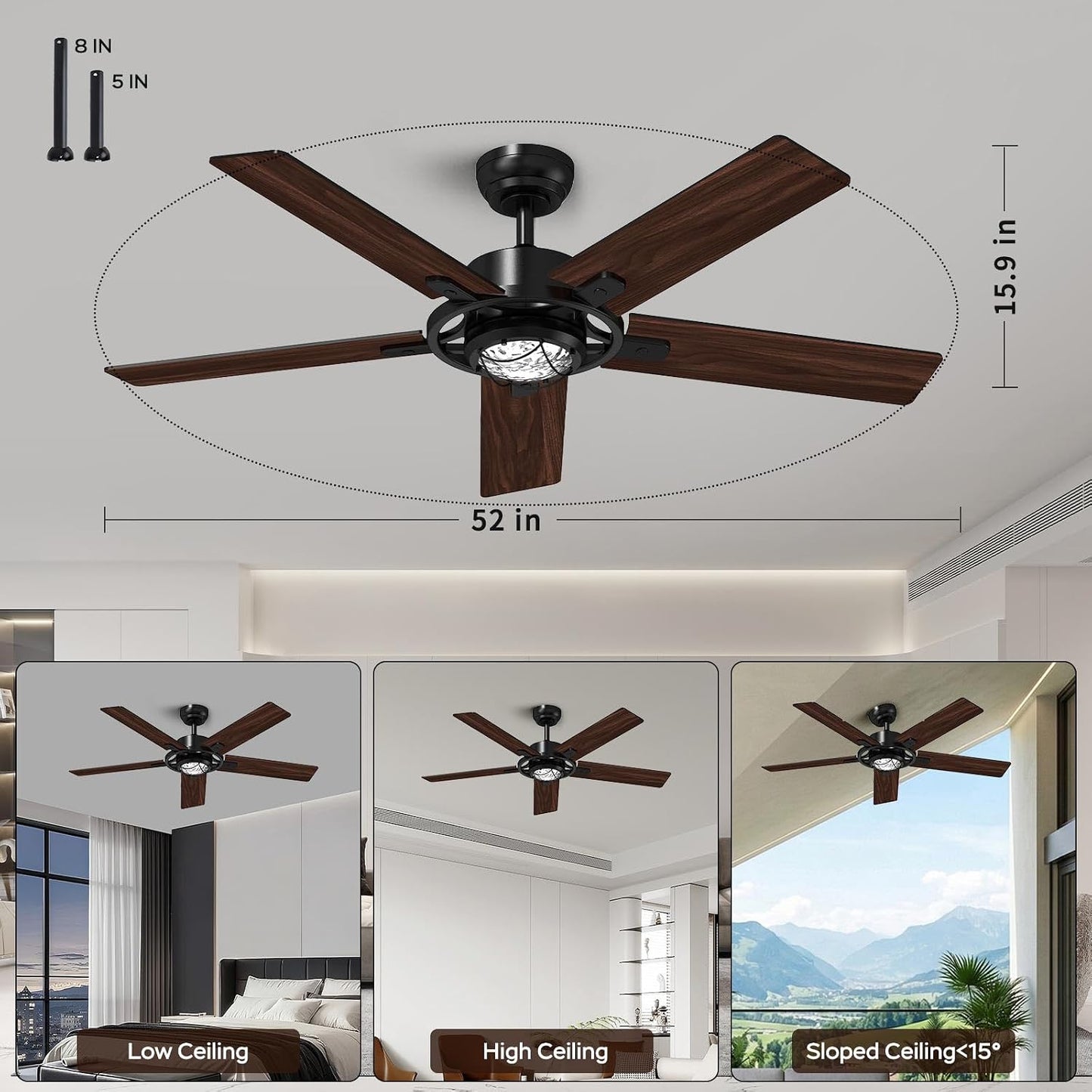 Ventilador techo 52pulg luces control remoto perfil bajo