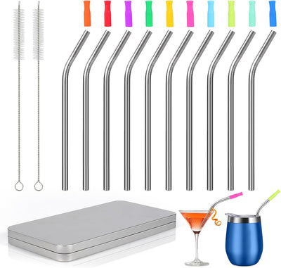 10 Pzas Pajitas Acero Inox 6pulg Flexible Tapa Silicona