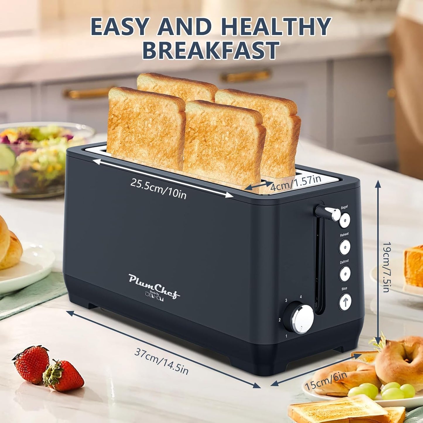 Plum Chef tostadora 4 rebanadas con ranura ancha y acero inoxidable 1350W