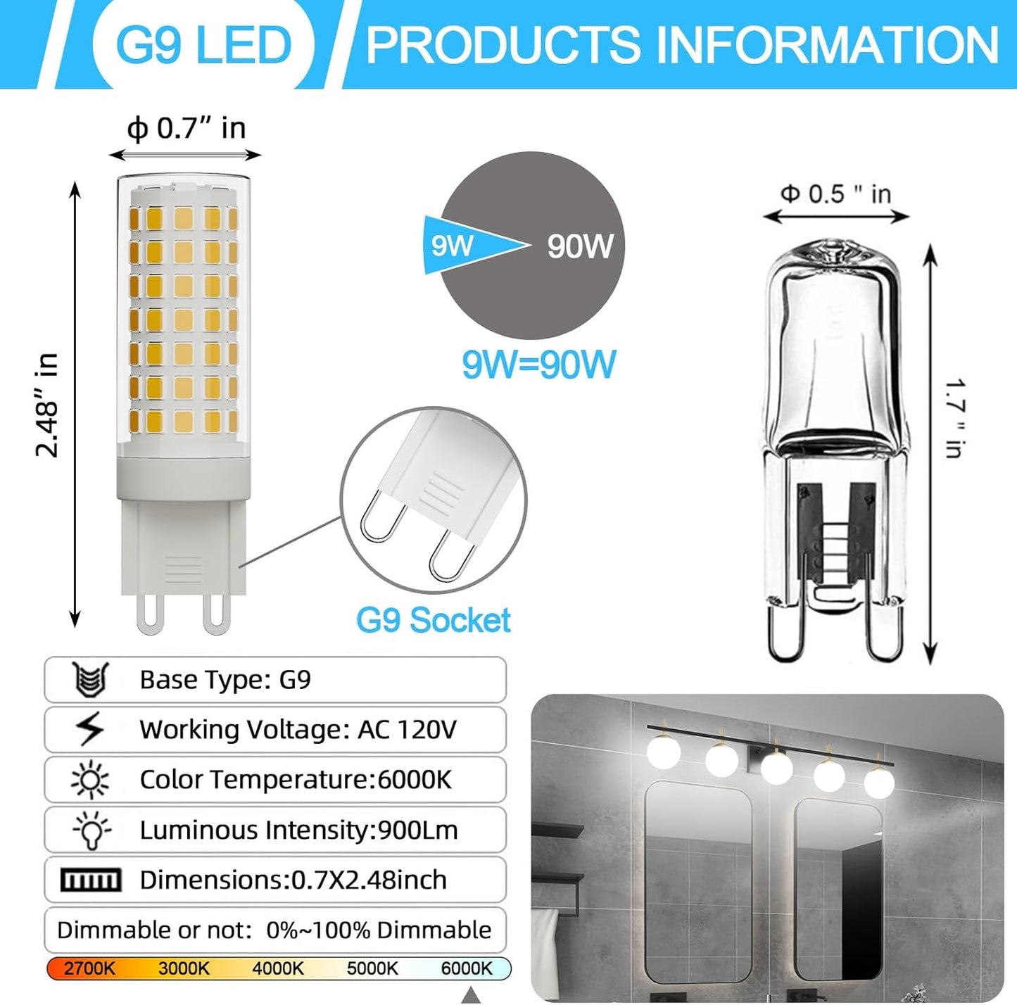 Pack 6 bombillas LED G9 regulables 9W luz blanca 900lm
