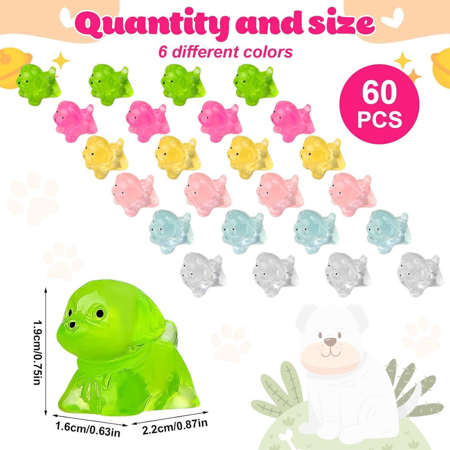 60 Pzas figuras perros mini resina brillan en oscuridad