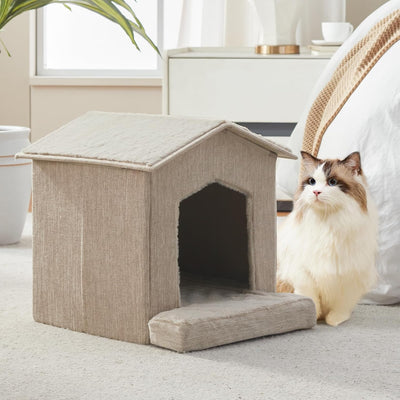 Camas para gatos con cojín ortopédico y escondite beige
