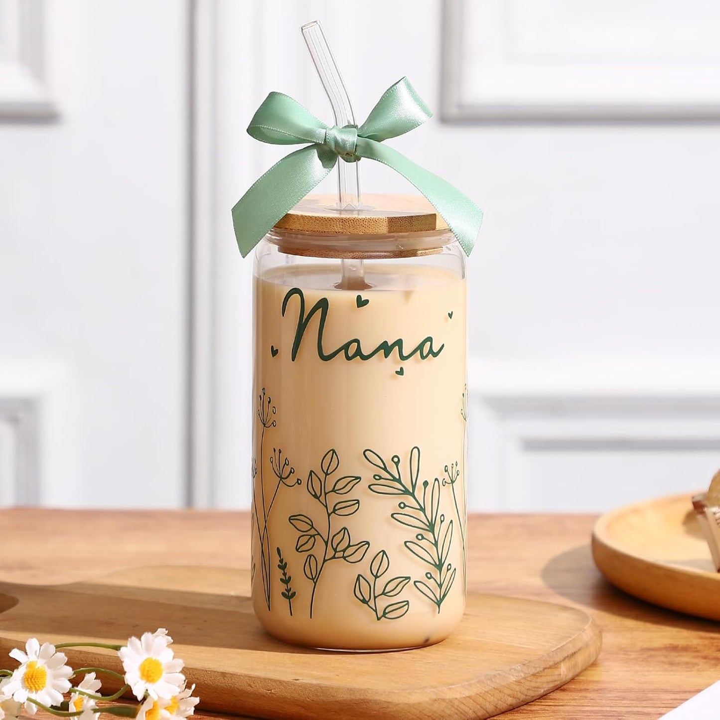 Taza de vidrio para abuela con tapas y pajitas 16 oz