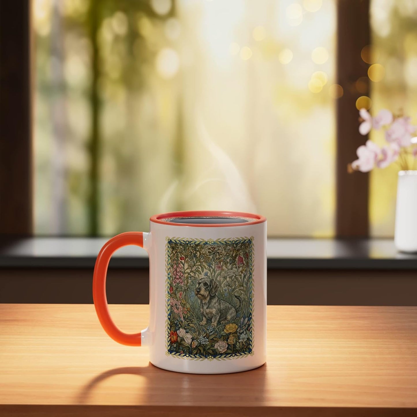 Taza Cerámica Dachshund Jardín Floral Naranja/Blanco