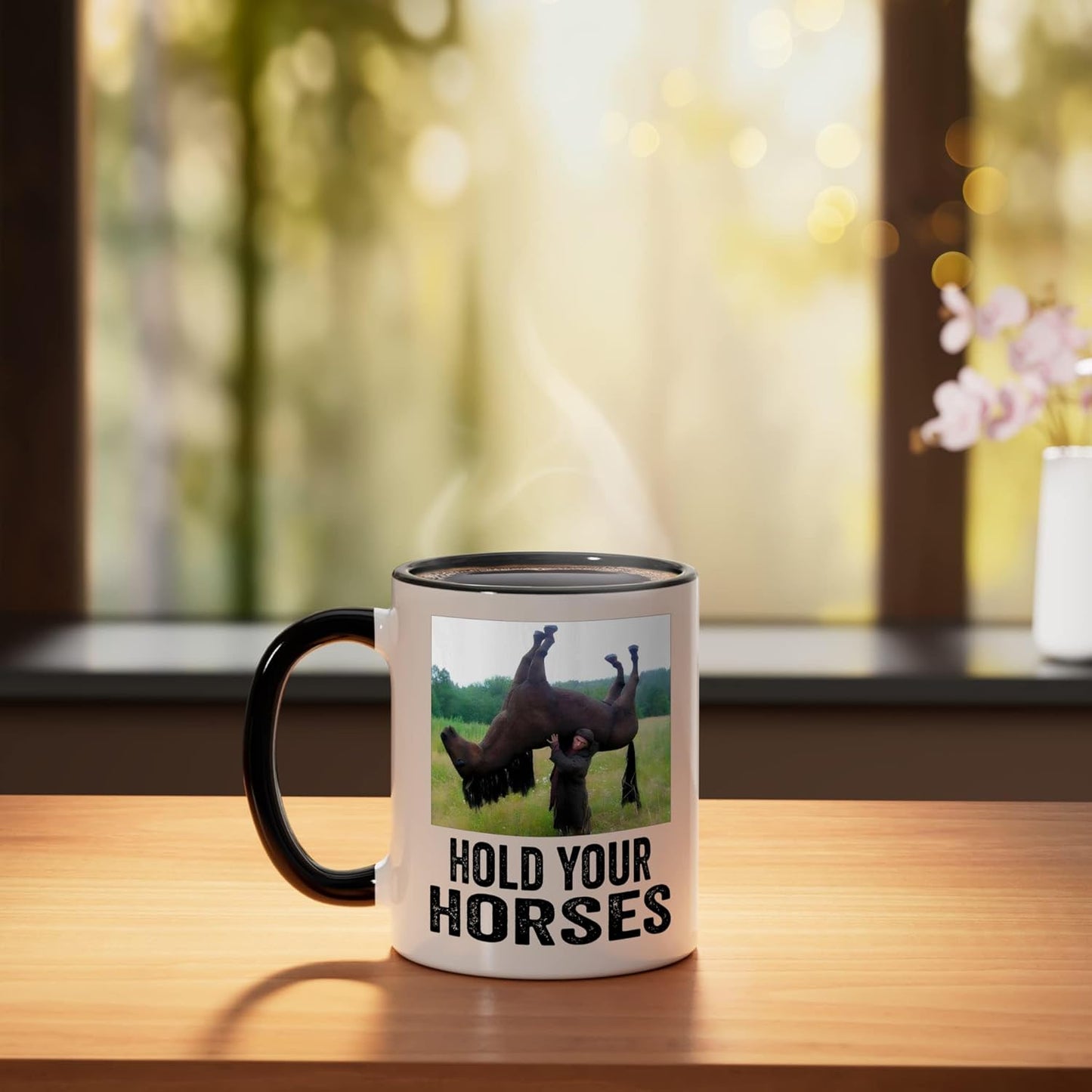 Taza Cerámica Humor Caballo Negro/Blanco
