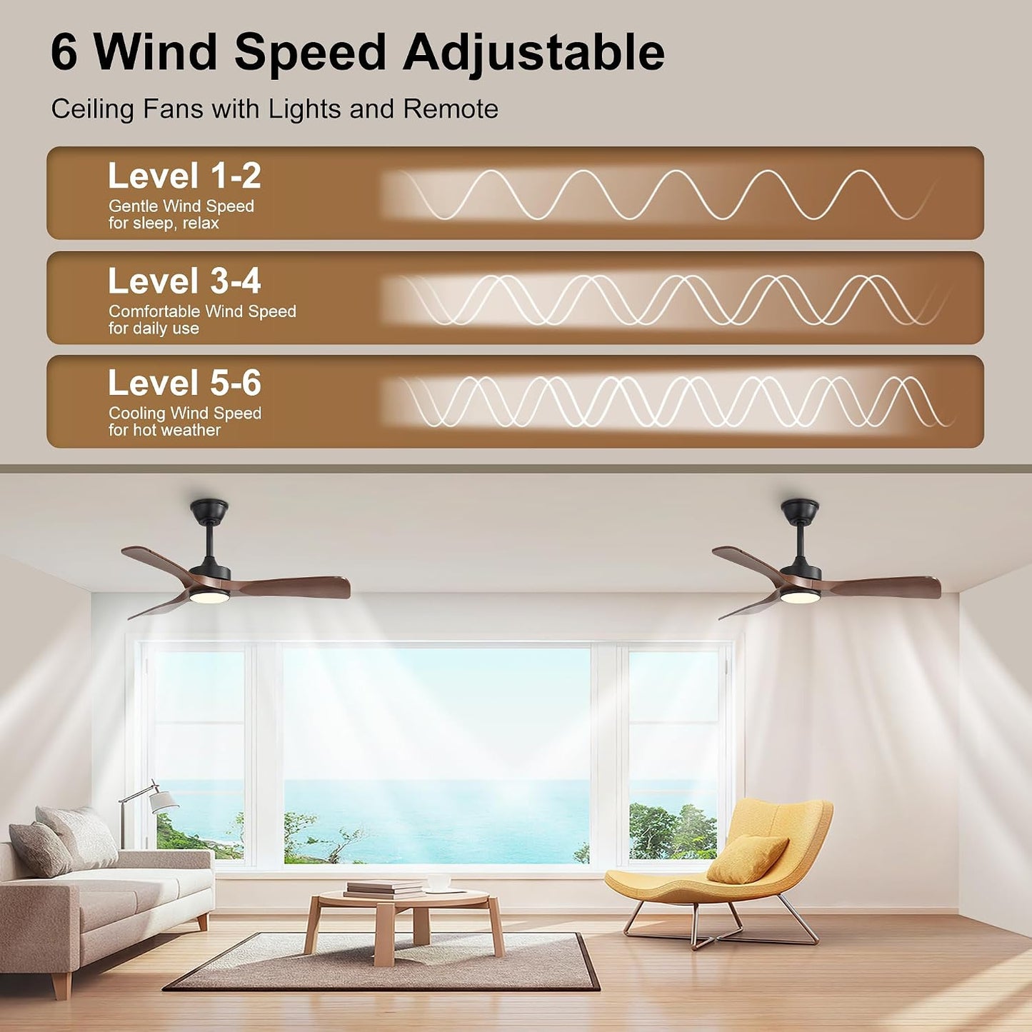 Ventilador techo 42pulg luz control APP 3 tonos 6 vel