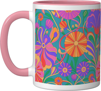 Taza cerámica floral colorida estilo 60s 70s rosa/blanco