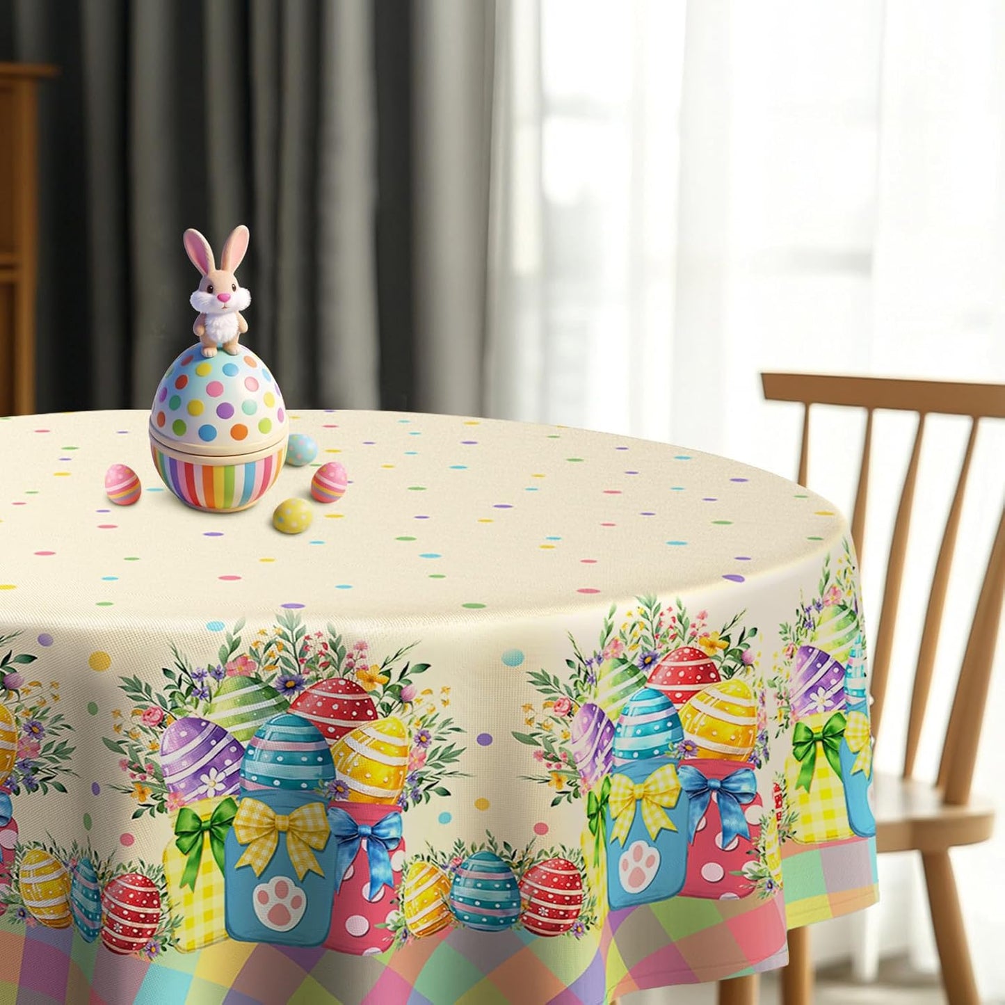 Mantel redondo Pascua 70x70pulg tela impermeable flores y huevos