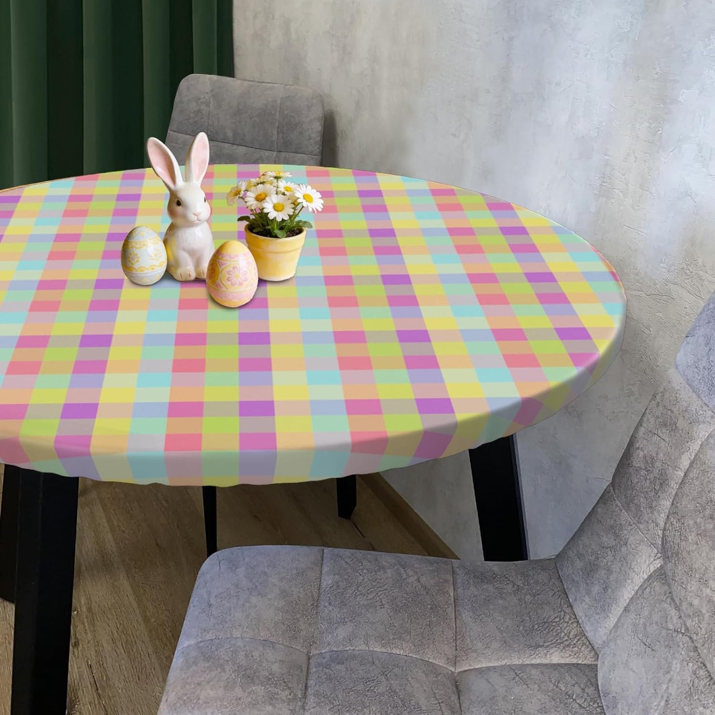 Mantel elástico redondo de Pascua ajustable para mesa de comedor a cuadros