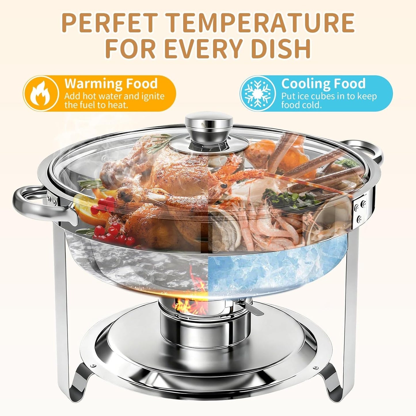 4 Pzas Platos Bufé Acero Inox 6qt Con Tapa Vidrio