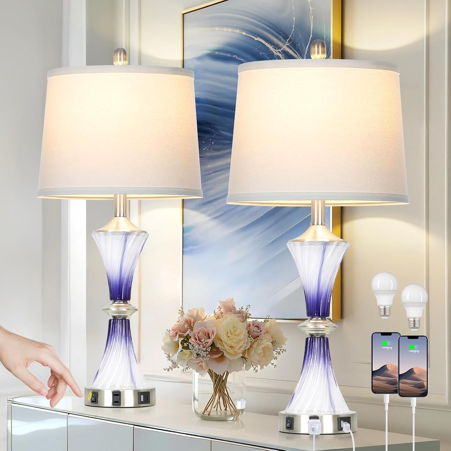 2 Lámparas Mesa Cristal Morado con Puertos USB y Salida CA