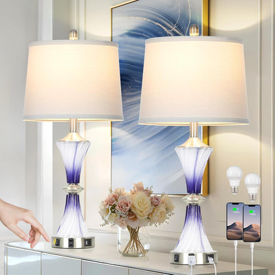 2 Lámparas Mesa Cristal Morado con Puertos USB y Salida CA