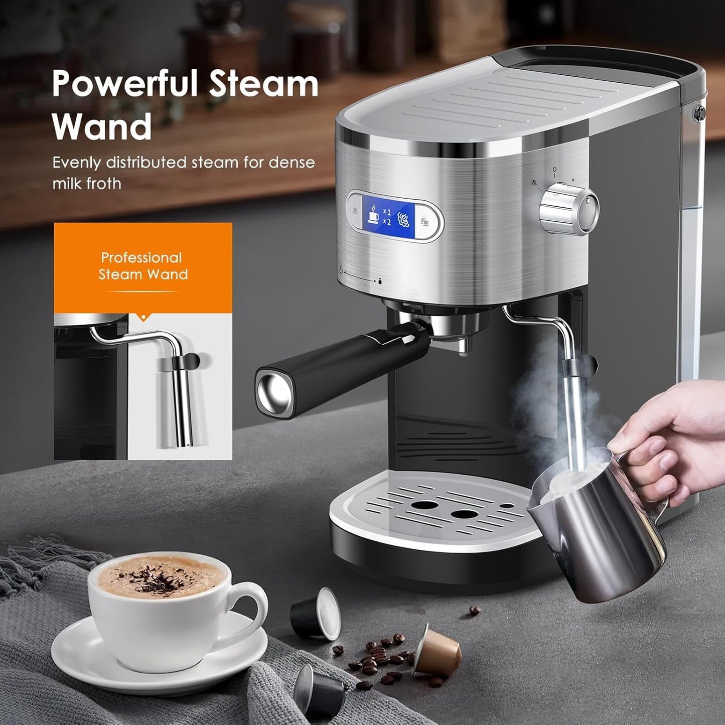 Máquina de café expreso compacta con espumador de leche