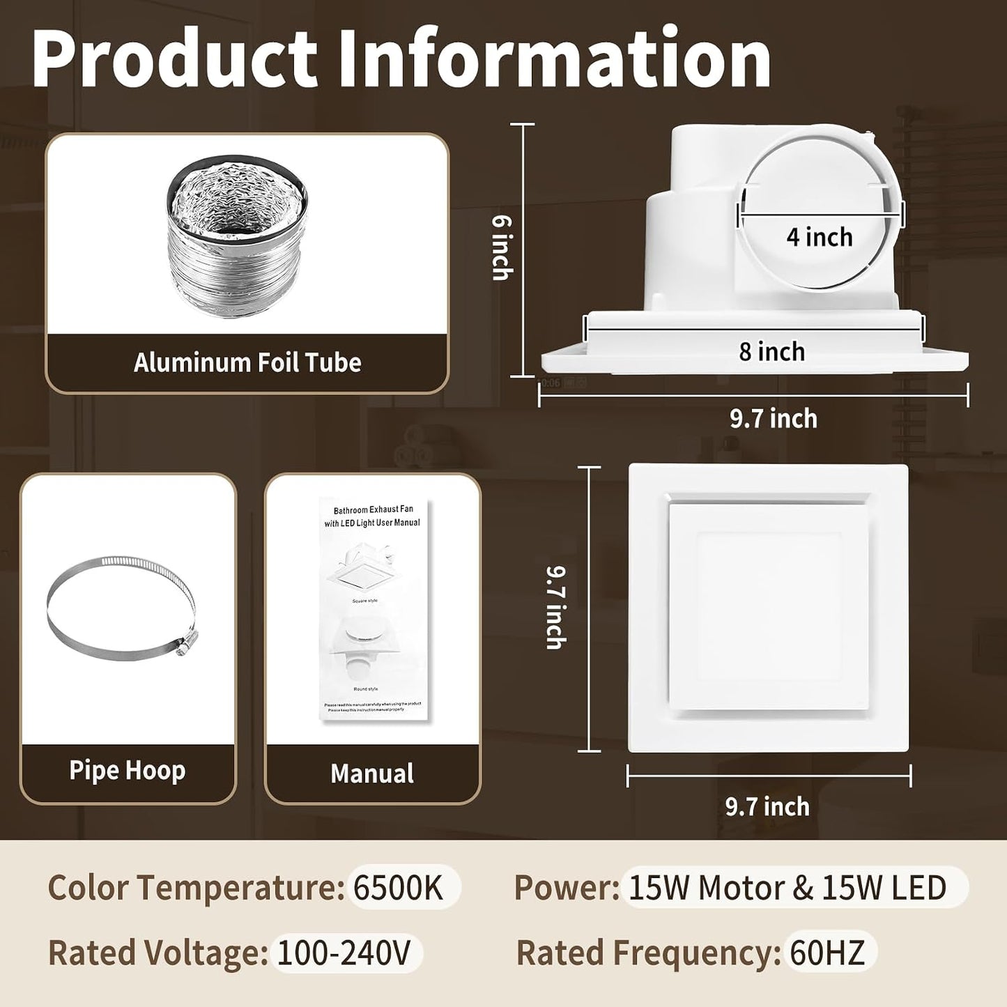 Extractor baño 10pulg luz LED 110CFM montaje techo