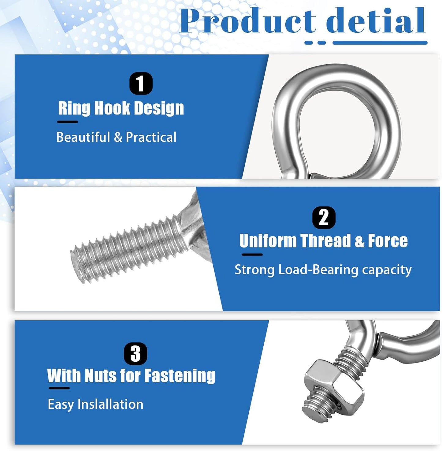 10 Pzas Perno Ojo M3x8mm Acero Inox 304 Con Tuercas