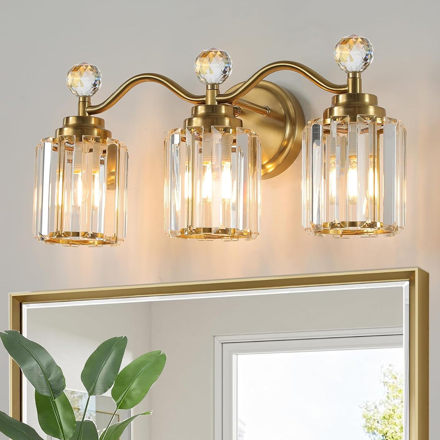 Lámpara tocador latón dorado 3 luces pantalla cristal E26