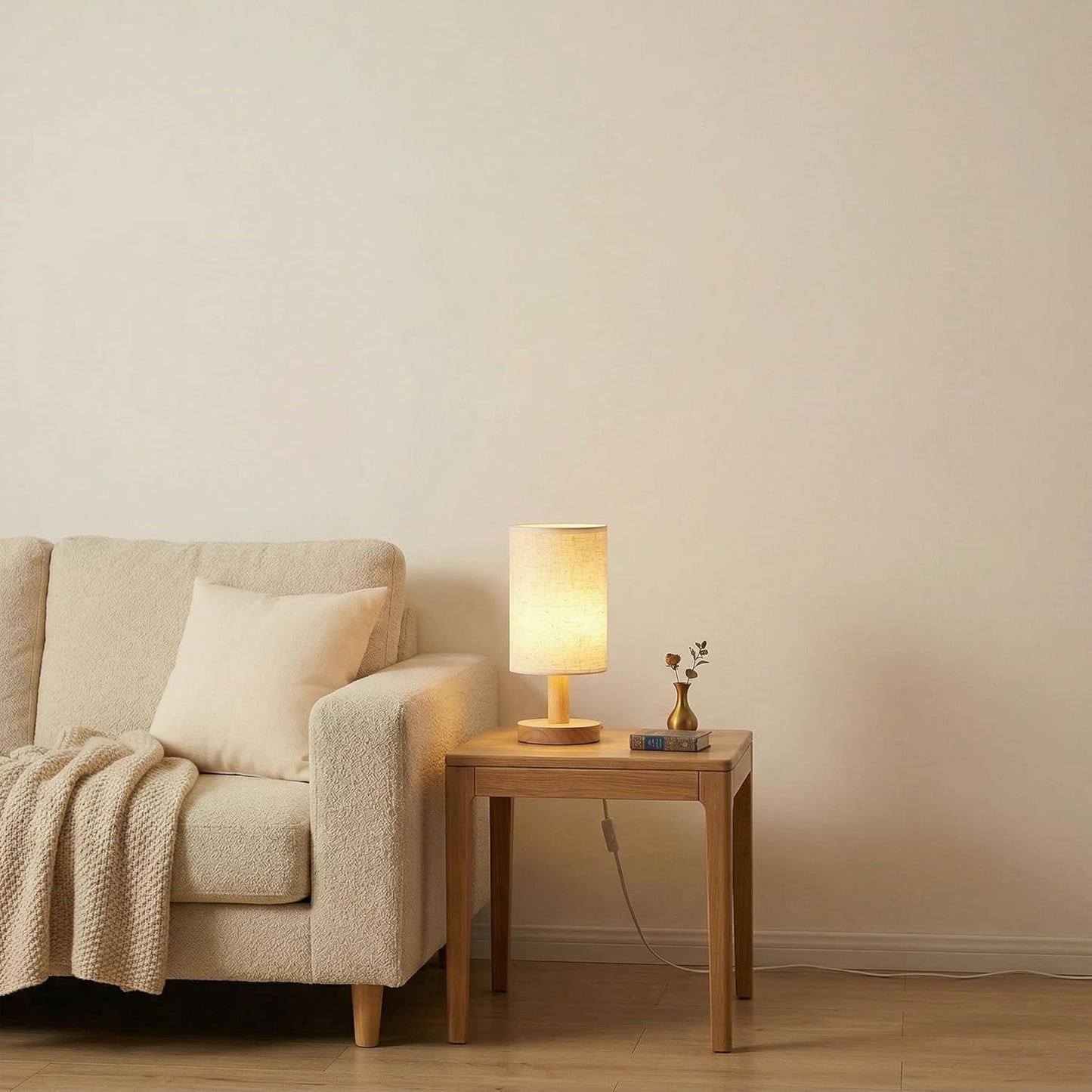 Lámpara mesita noche USB madera lino luz cálida 2700K