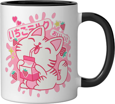 Taza Cerámica Kawaii Gato Leche Fresa Anime Negro/Blanco