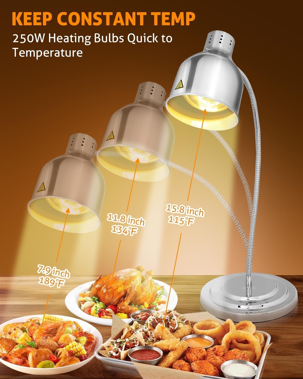 Lámpara calor alimentos acero inox 250W portátil