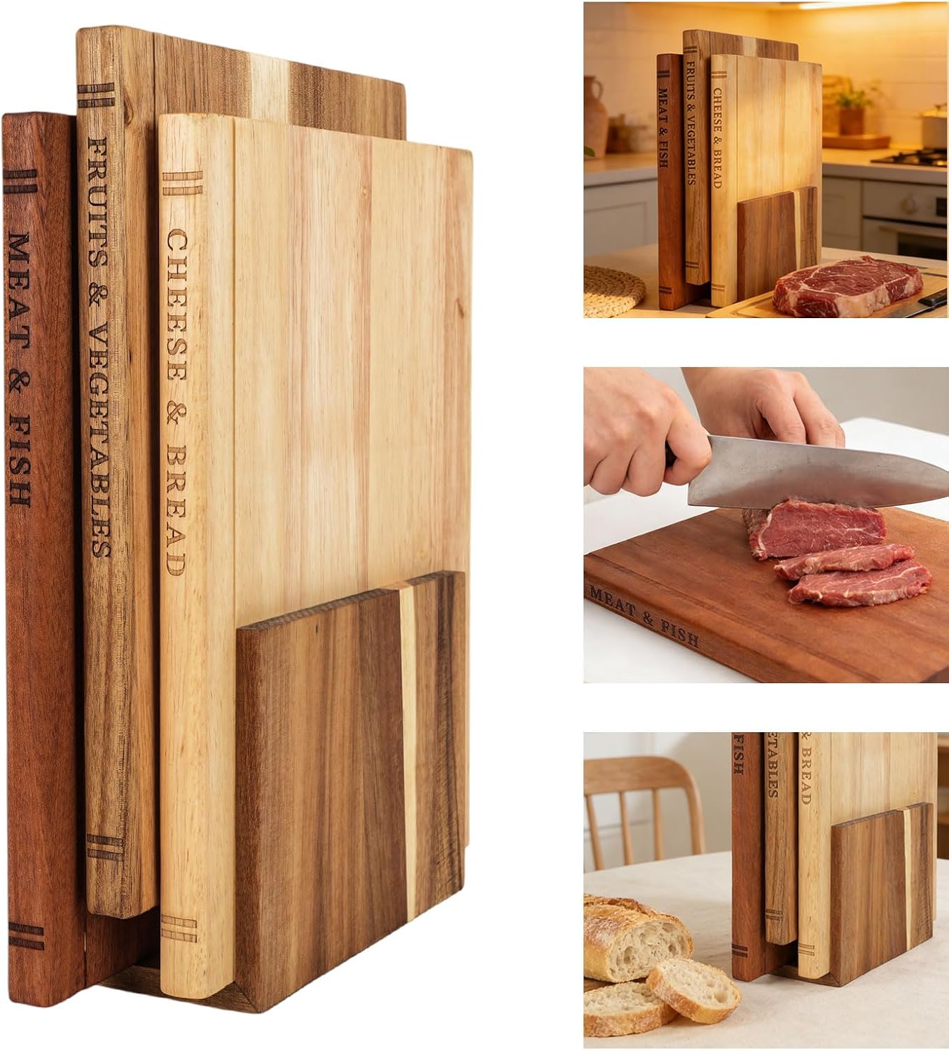 Set 3 Tablas Cortar Madera Acacia para Carnes y Frutas