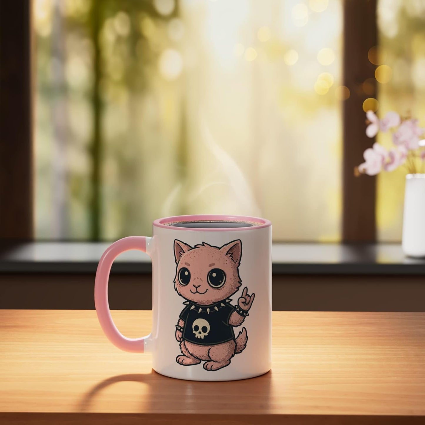 Taza Cerámica Gothic Cat Skull Pastel Rosa/Blanco