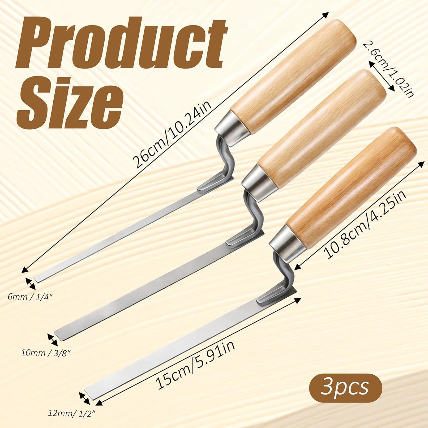 Set 3 Pzas Palas Mortero Mango Madera Ergonómico