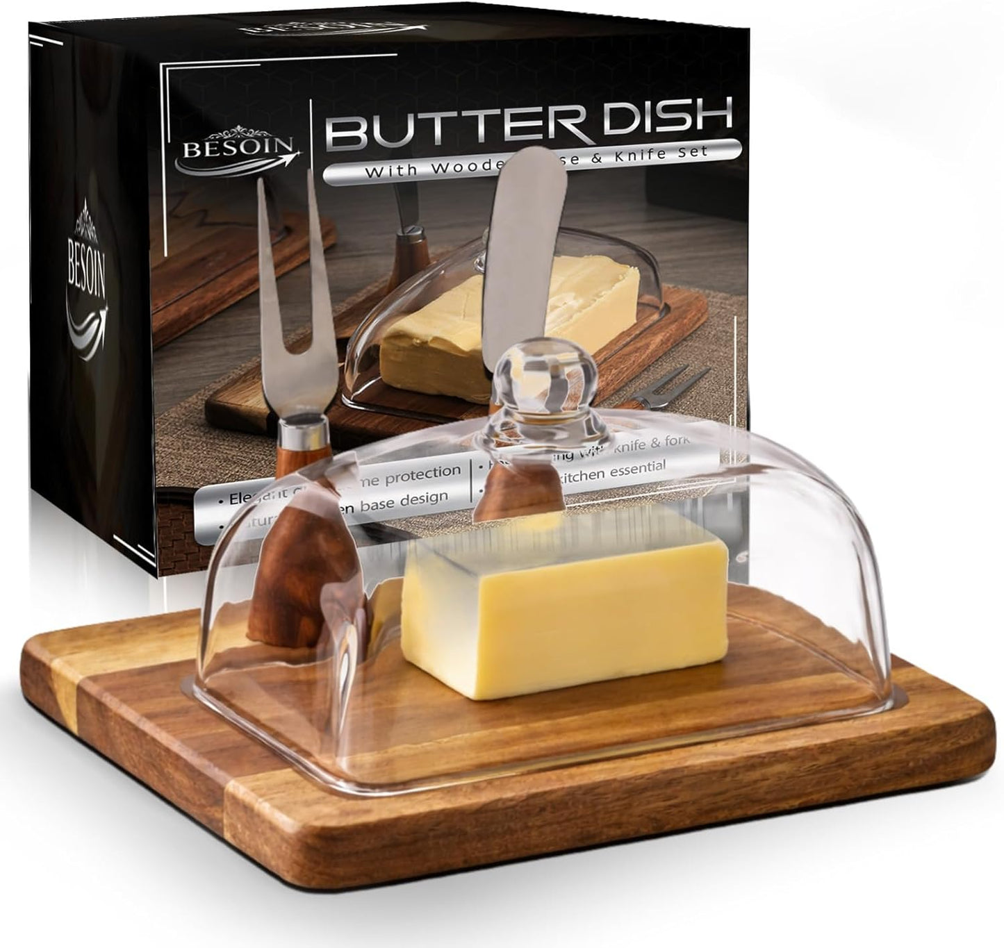 Mantequillera elegante de vidrio con tapa y cuchillos, soporte de madera para encimera