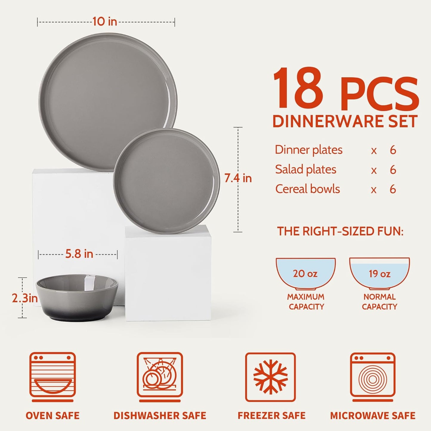 Juego 6 platos cuencos porcelana resistente grafito