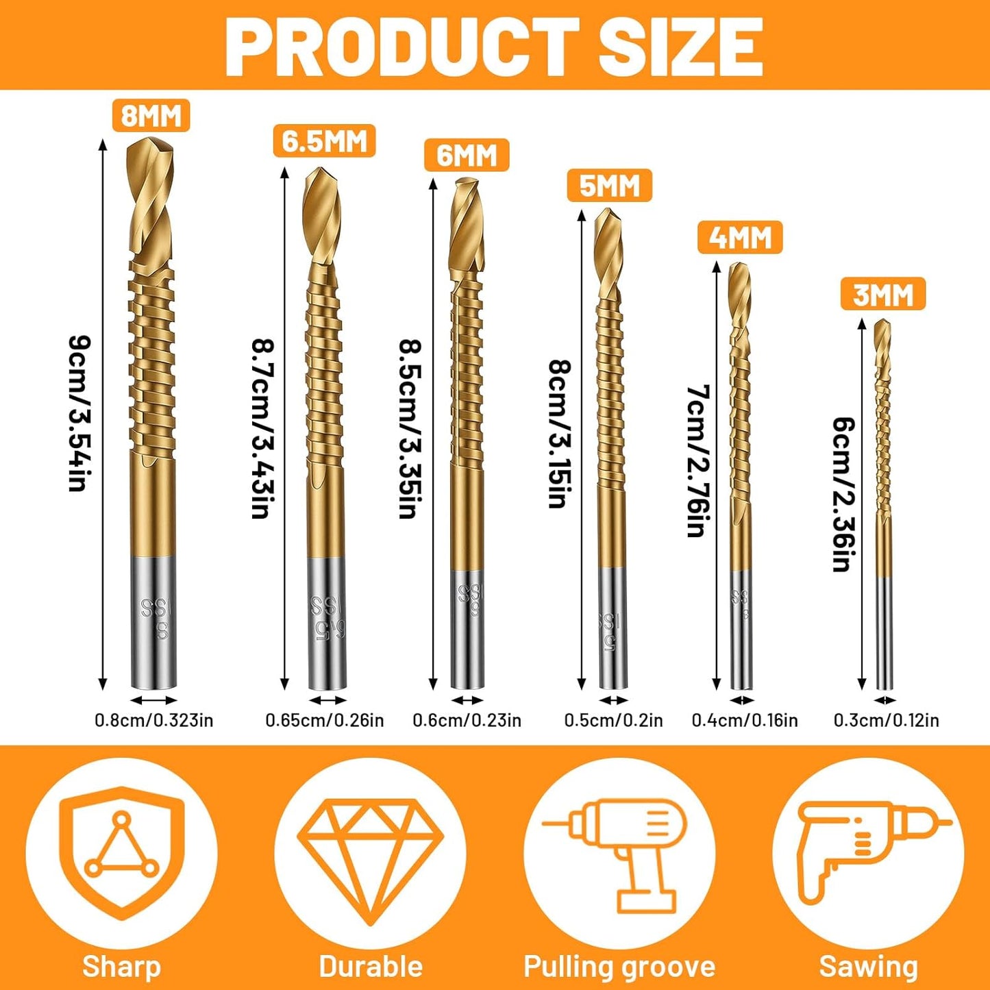 Set 6 Brocas Titanio HSS 3/4/5/6/6.5/0.315pulg