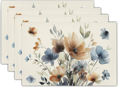 Juego de 4 manteles individuales florales 18 x 12 pulgadas con flores marrones y azules