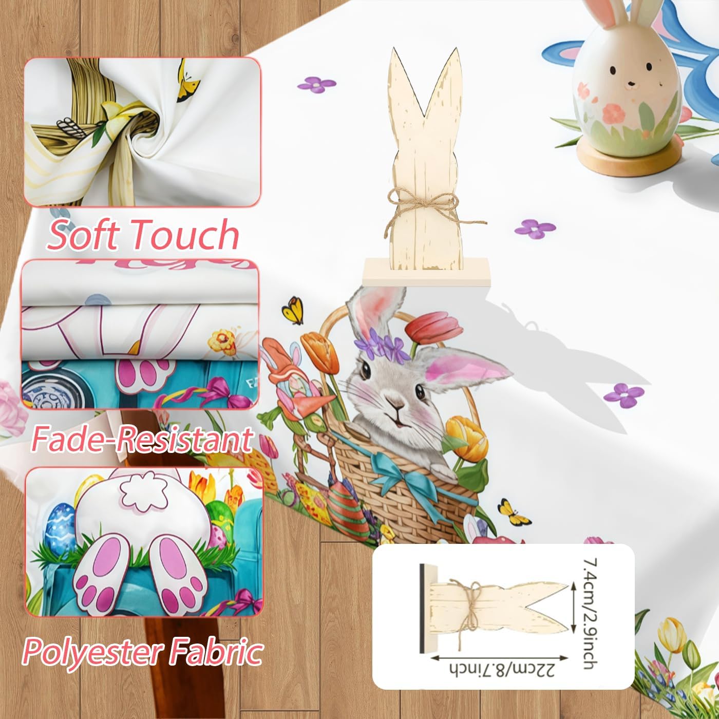 Mantel de Pascua con decoración de conejo de madera 60x84 pulgadas