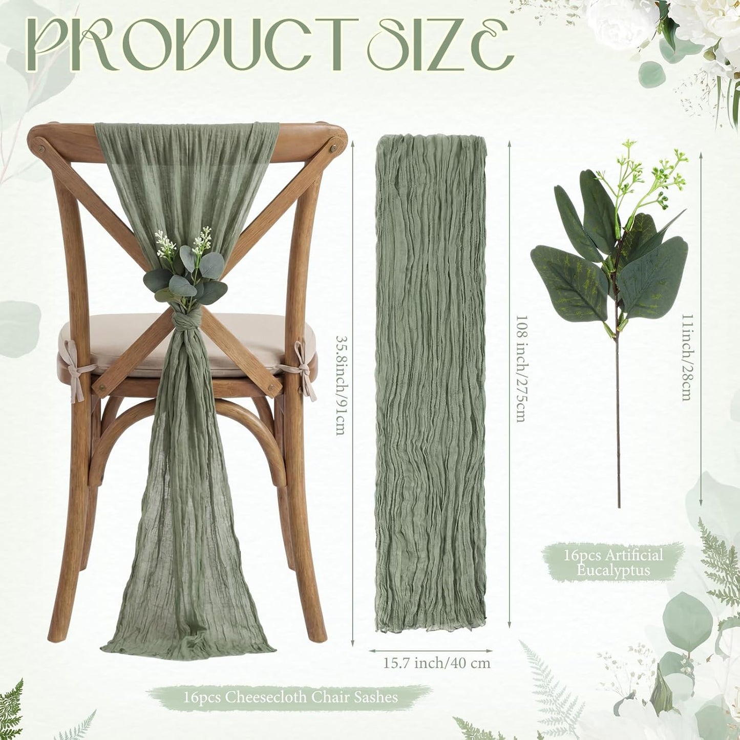 Juego de 54 piezas decoración mesa rústica bohemia verde salvia poliéster servilletas ratán artificial hojas