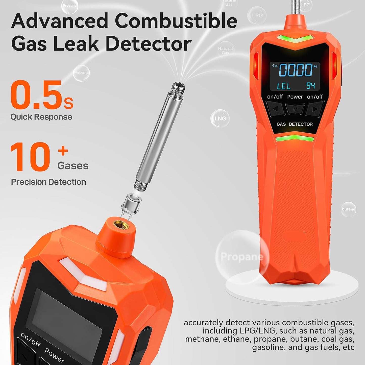 Detector gas natural con alarmas vibración visual audible 48h