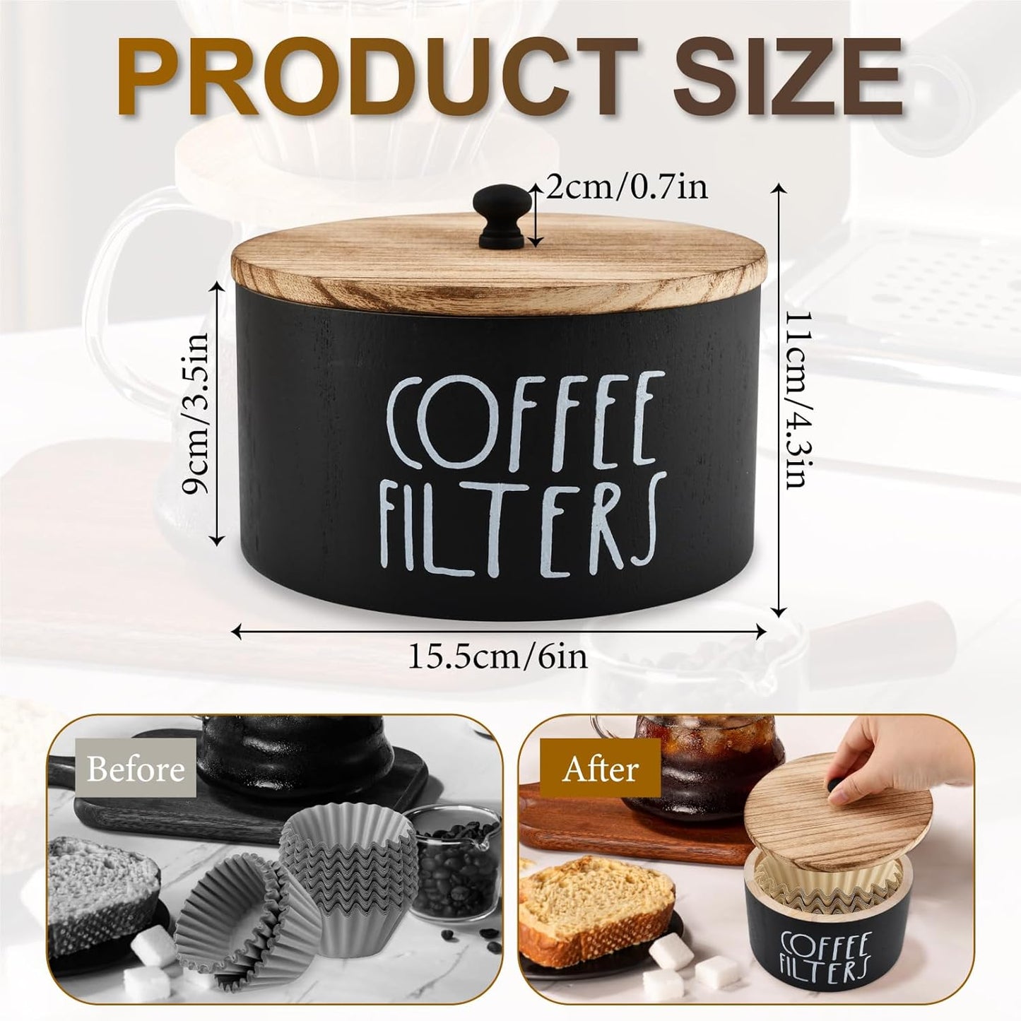 Soporte para filtro de café de madera redondo con tapa