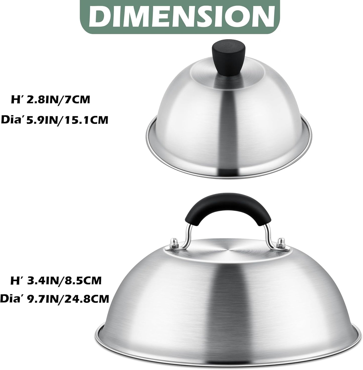 Set 3 cubiertas parrilla 6pulg y 2 cúpulas acero inox 9.7pulg