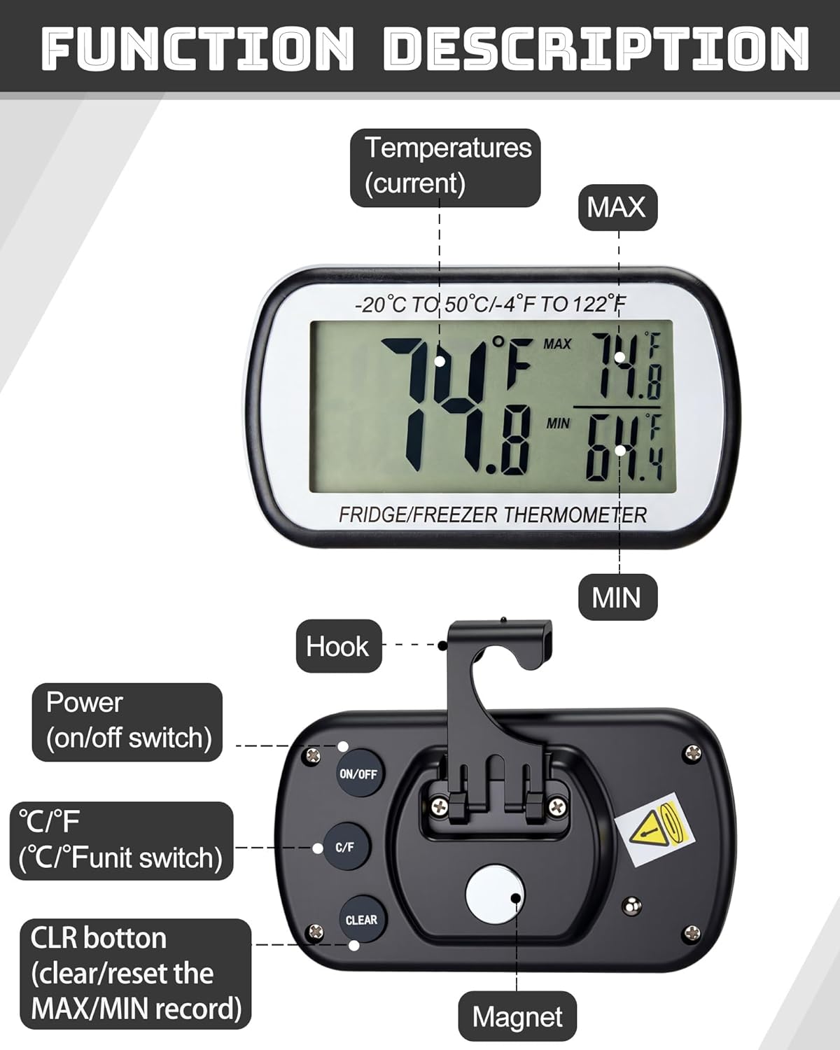 Termómetro digital negro para nevera, 12 unidades, impermeable, con función de grabación max/min