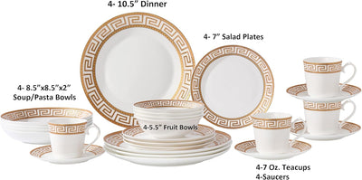 Set 24 Pzas Vajilla Porcelana Hueso Diseño Llave Griega Dorada