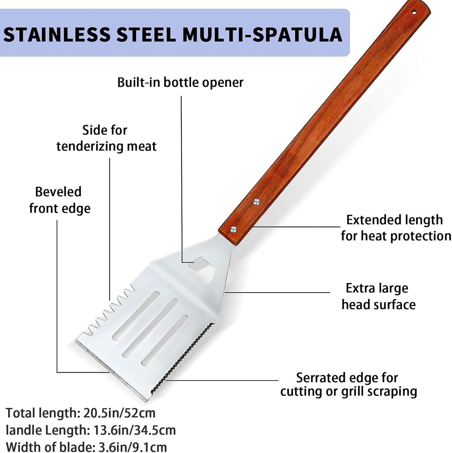 2 Espátulas Parrilla 20pulg Acero Inox Ranurada y Sólida Madera