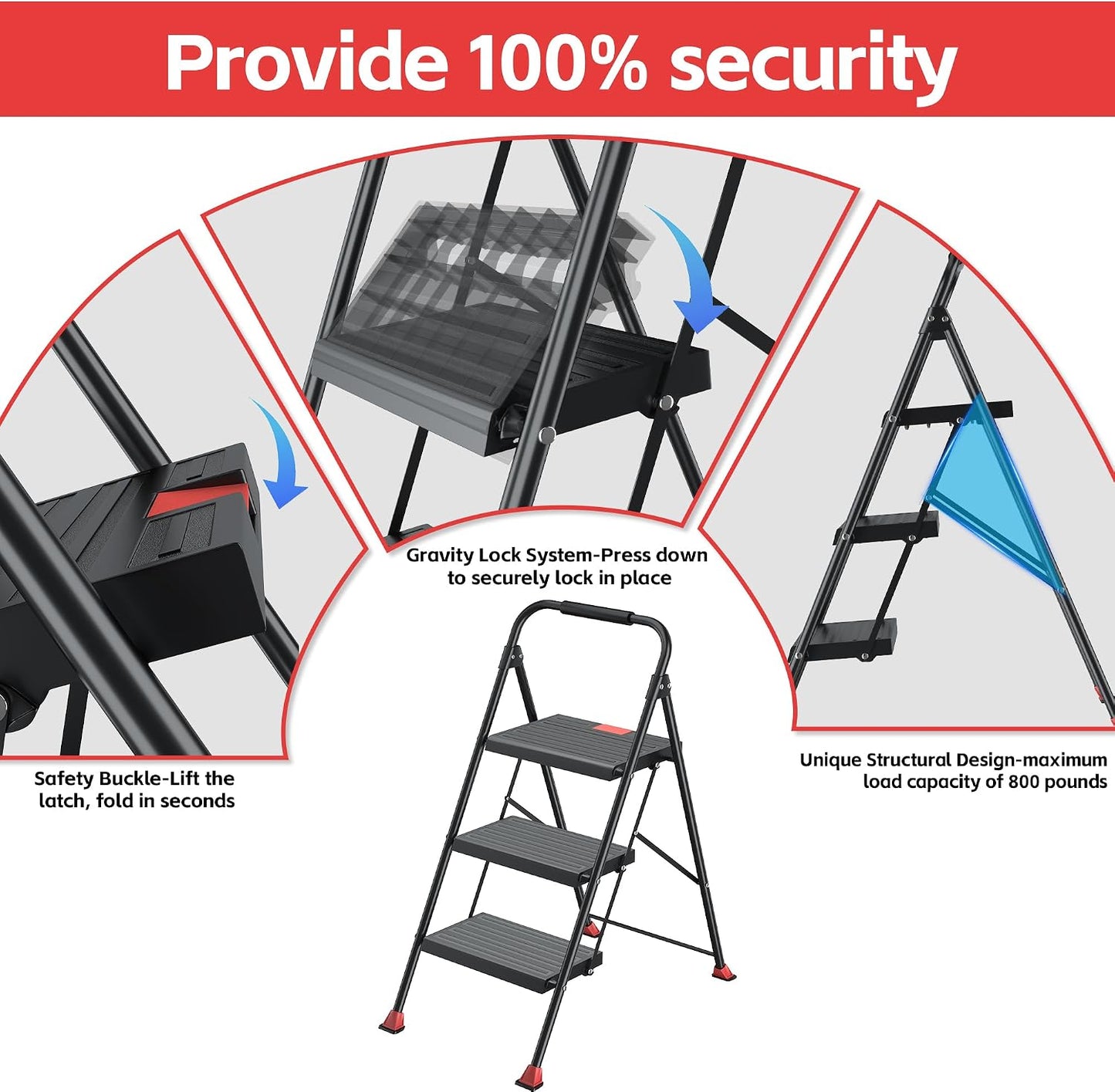 Escalera plegable 800lb con pasamanos para hogar 3 escalones