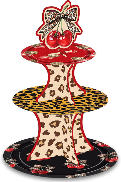 Soporte para cupcakes con lazo de cereza y guepardo rojo y negro 3 niveles