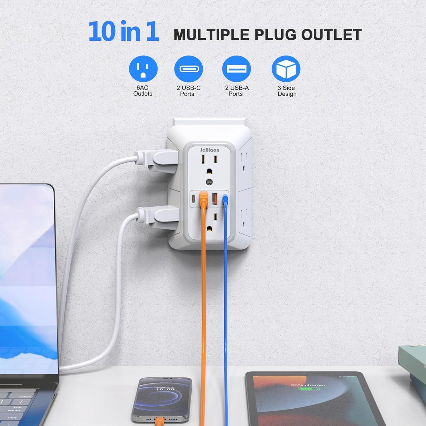 Extensor toma pared 6 salidas 4 USB (2 USB C) 1050J con proteccion