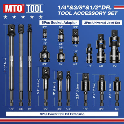 Set 18 Pzas Adaptador Impacto 1/4 3/8 1/2 Hex Taladro para Impacto