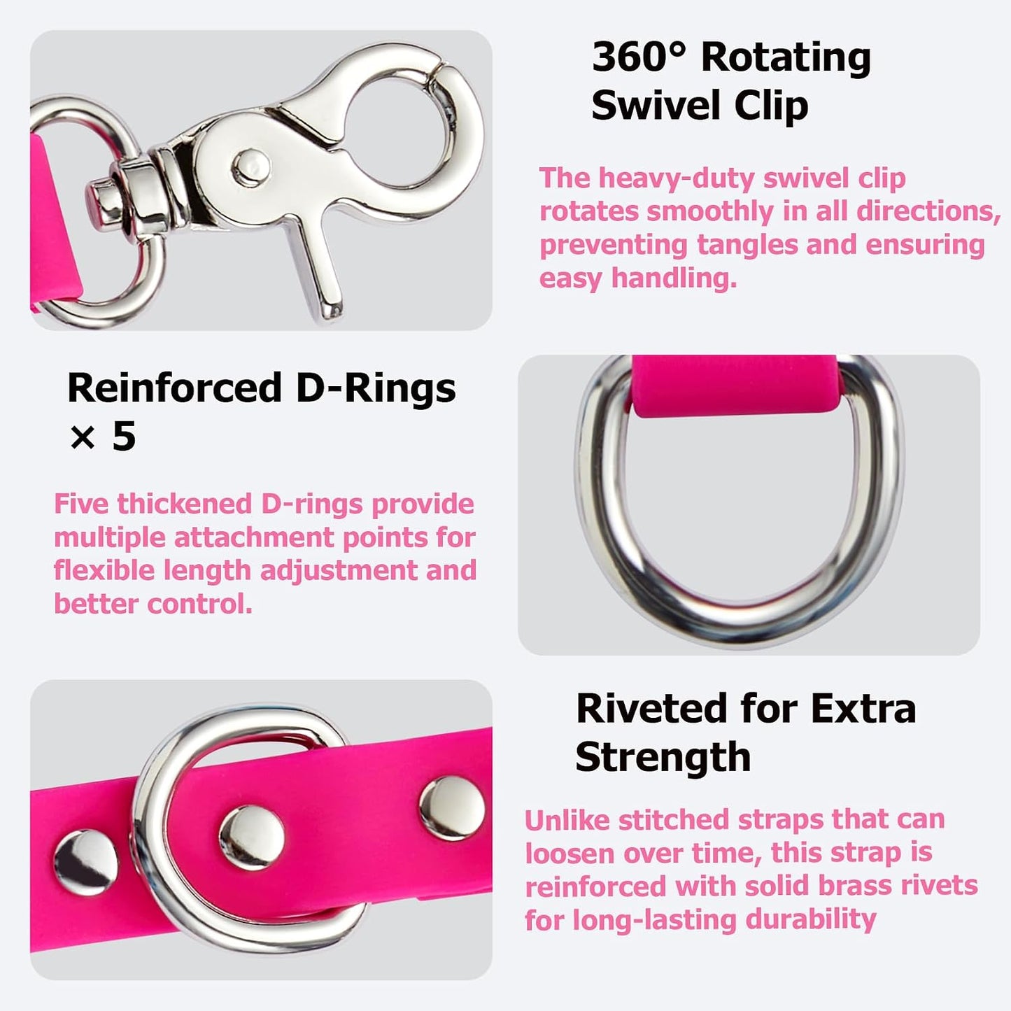 Correa extensión perro 5 anillos D PVC 3/4pulg ancho rosa intenso