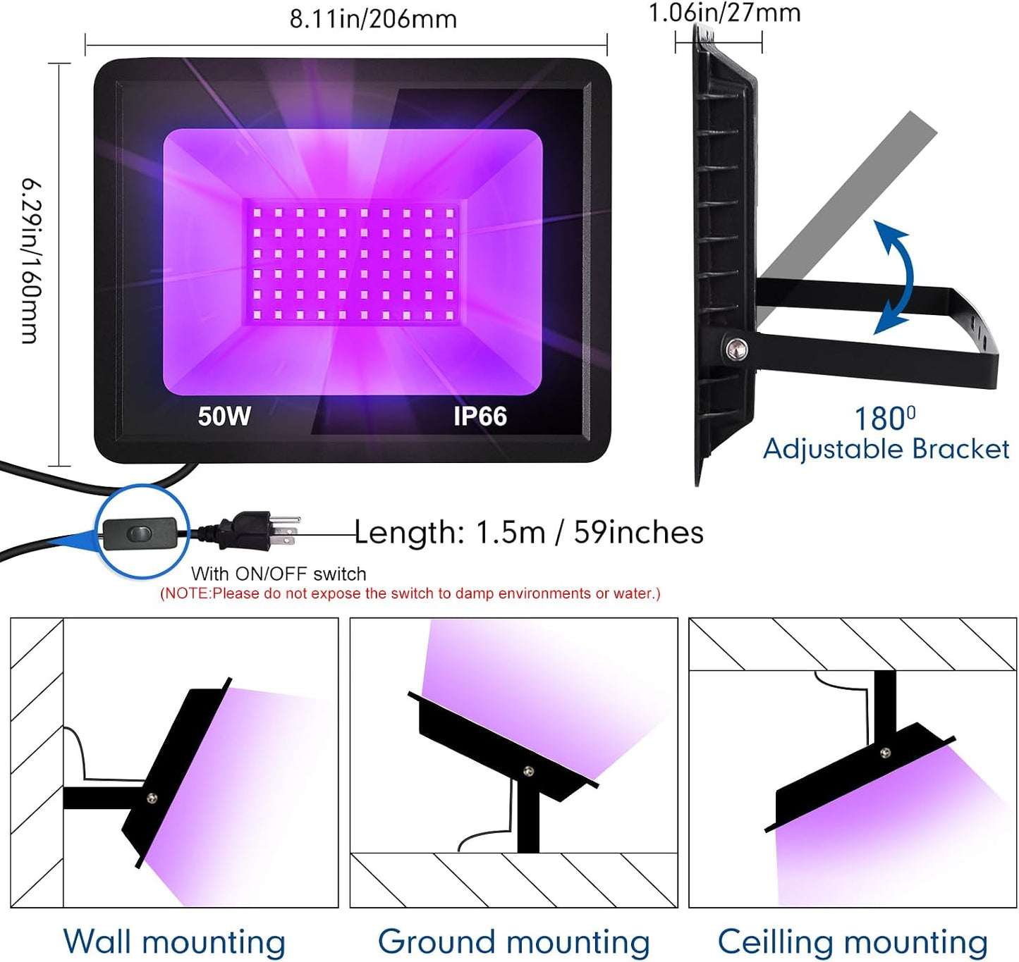 Luz LED negra 50W IP66 para fiesta y bares