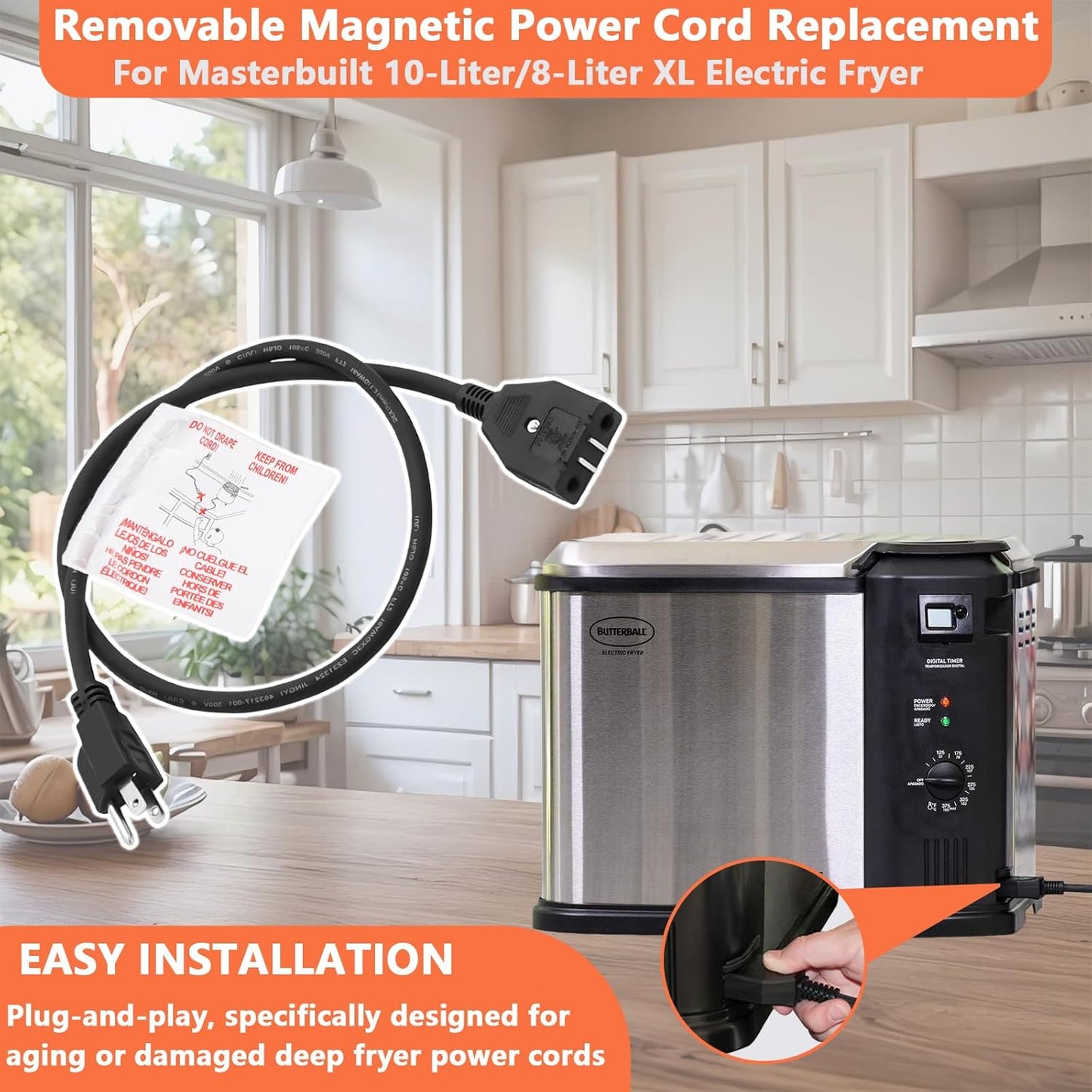 Cable de alimentación magnético para freidora eléctrica Masterbuilt de 10 litros