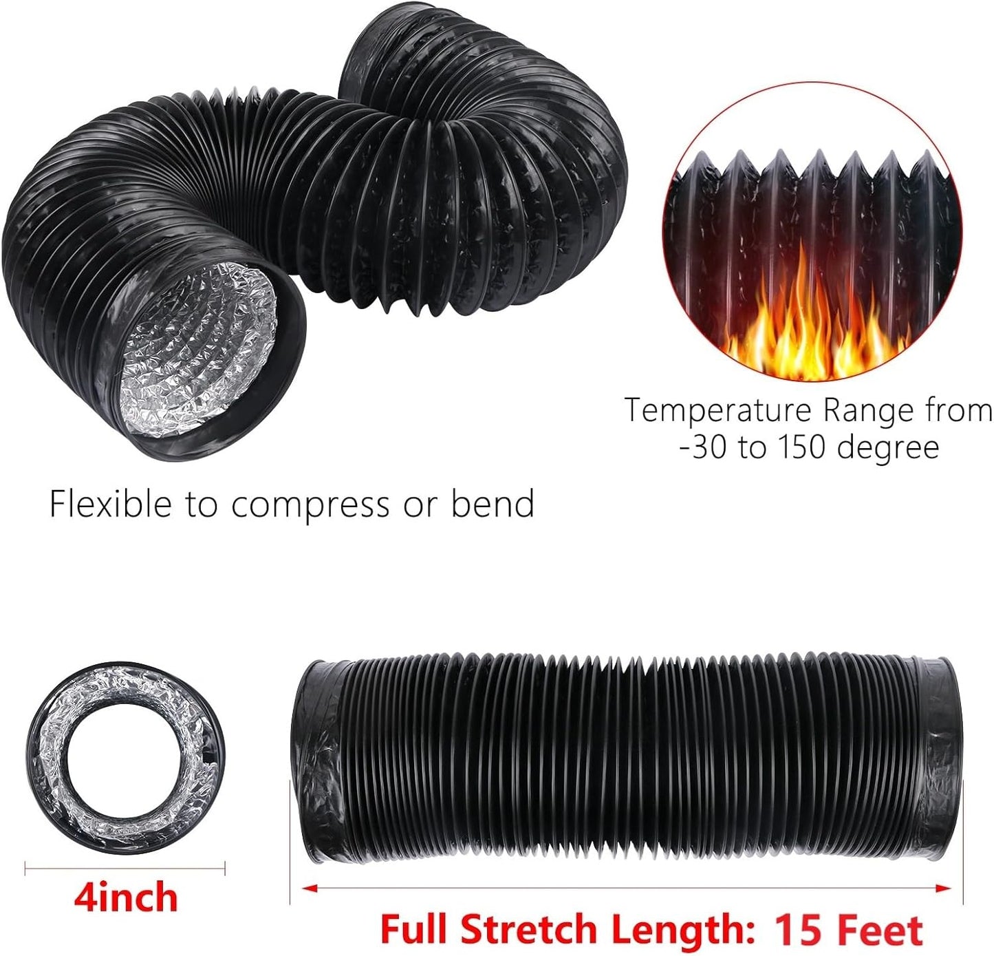 Conducto aire 4pulg negro flexible 15ft kit ventilación aluminio